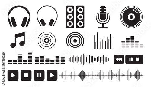 Music player interface elements and audio visualization icons set with playback controls and waves.