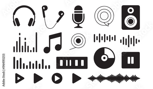 Audio music sound wave volume equalizer icon set. vector collection of headphones and microphone.