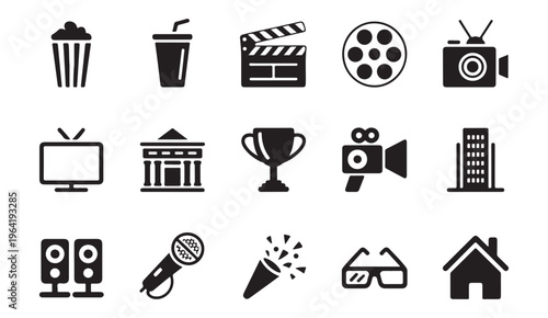 Entertainment icons set of various objects including popcorn, drink, clapperboard, and film reel.