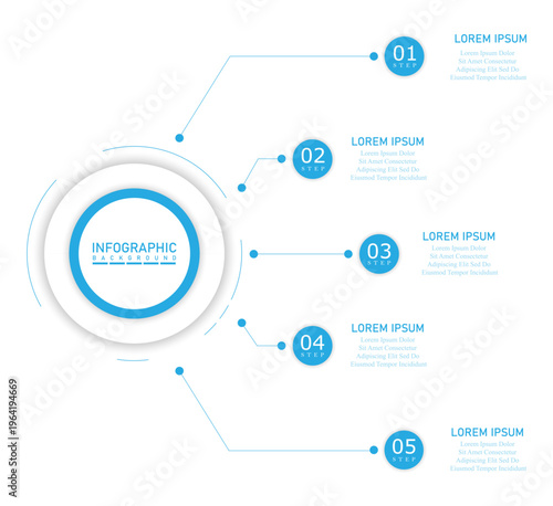 Marketing timeline infographic template with one side radial steps | Business progress representation chart | Company 5 steps diagram with sky blue vector illustration