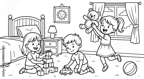 Kids playing building blocks, toy car, and teddy bear in colorful room. Fun childhood scene with toys, bed, and furniture, perfect for home or playroom.