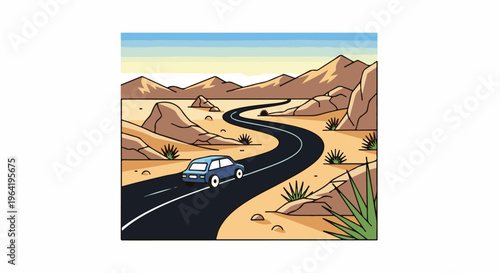 A blue car drives along a winding road through a desert landscape