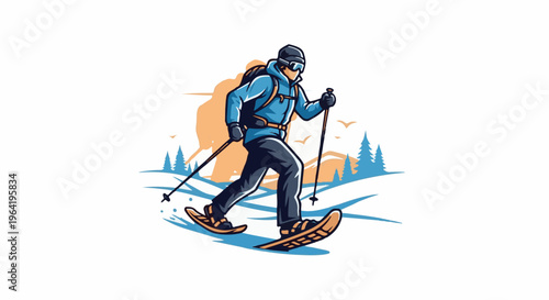 A person on snowshoes walks through a winter landscape with trees and hills