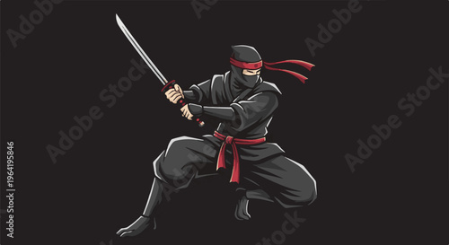 A pixelated ninja in black attire with red accents wields a sword