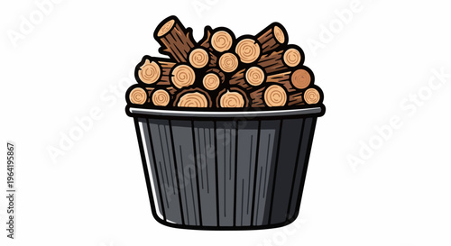 A dark gray bucket filled with cut logs and firewood