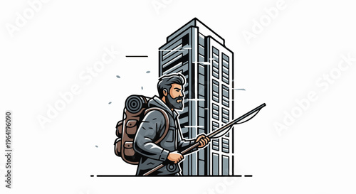 Bearded man with backpack and spear stands before a tall modern building