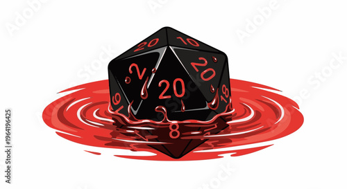 A black twenty-sided die sits partially submerged in red liquid