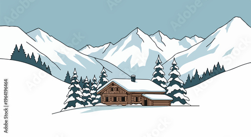 A cozy wooden cabin rests amidst snow-covered mountains and pine trees