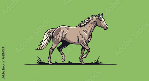 A detailed illustration of a light brown horse trotting in a green field