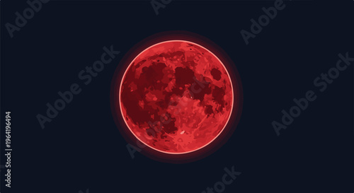 A glowing red moon with crater details illuminates the dark night sky