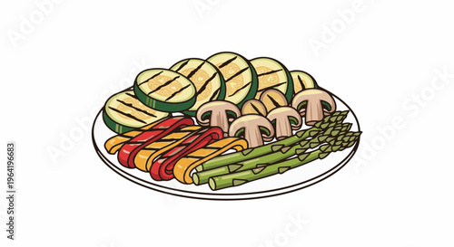 A plate of colorful grilled vegetables including zucchini, bell peppers, mushrooms, and asparagus