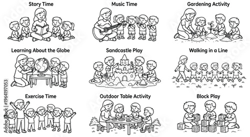 Collection of diverse children activities, including story time, music, gardening, globe learning, sandcastle play, walking, exercise, table activity, and block play.