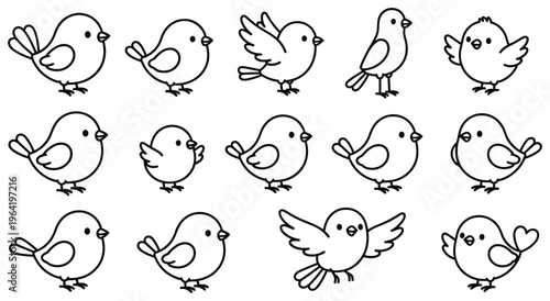 Set of adorable little songbirds in different poses, featuring diverse avian characters with charming expressions, ideal for children's designs or simple illustrations.