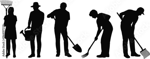 Silhouettes of people gardening with rake, shovel, watering can, and pitchfork representing teamwork, outdoor maintenance, farming, landscaping, cultivation, and nature