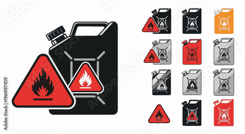 Multiple fuel cans displayed with flammable hazard symbols
