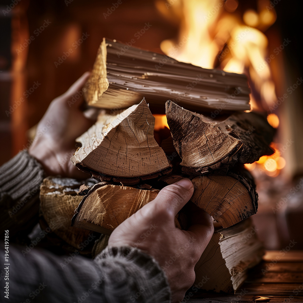 Fototapeta premium Man holding firewood logs by fireplace in cozy indoor setting