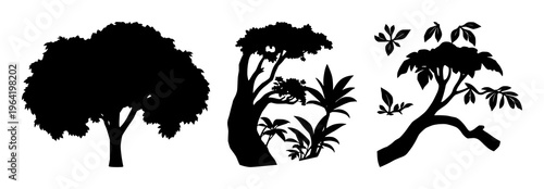 Solid black icon, white background: rainforest protection canopy set with simple line art design featuring outline, illustration, graphic elements with clean design and vector art