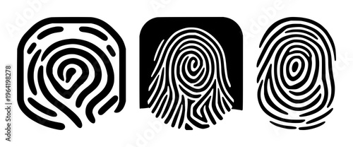 Solid black icon, white background: biometric fingerprint scan loop set with simple line art design featuring sketches, drawings, vector graphics with minimalist and simple illustrations