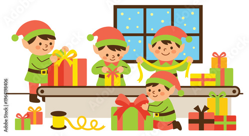 Group of happy holiday elves preparing presents for christmas season. Characters wearing green tunics and red hats using yellow ribbons to tie boxes on assembly line in winter workshop setting.