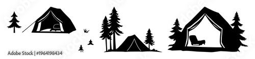 Solid black icon, white background: forest camping tent set with simple line art design featuring line art, illustrations, graphic resources with vector and design elements