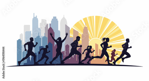 Silhouettes of diverse runners sprint past city buildings under a radiant sun