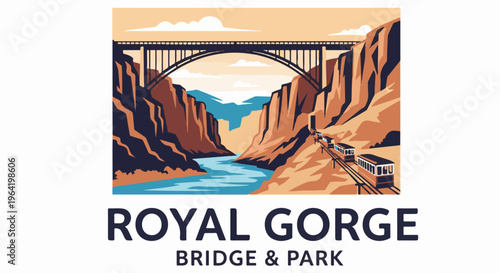 Scenic gorge with bridge, river, cable cars and distant mountains