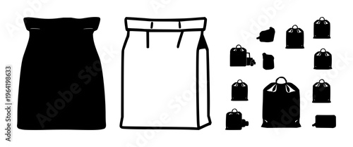 Solid black icon, white background: thermal insulation delivery bag set with simple line art design featuring sketches, drawings, vector graphics with minimalist and simple illustrations
