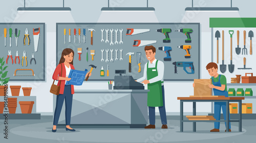 A vibrant illustration of a bustling hardware store with customers interacting with staff, showcasing a variety of tools and materials in a friendly shopping atmosphere.