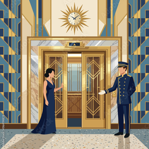 A chic, elegant hotel lobby features art deco details with a well-dressed doorman welcoming guests, showcasing luxury, sophistication, and timeless design in a classic environment.