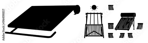 Solid black icon, white background: solar thermal water heater set with simple line art design featuring sketches, drawings, vector graphics with minimalist and simple illustrations