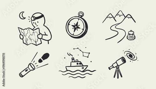 Hand-drawn Exploration and Navigation Doodle Icon Set