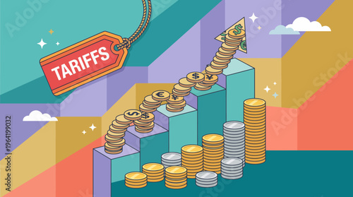 An illustration showcasing tariffs and economic growth with ascending graphs, coins, and an upward arrow, symbolizing financial trends and trade dynamics effectively.