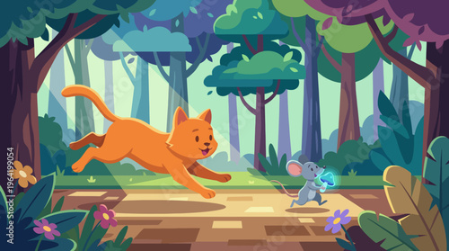 A whimsical illustration of an orange cat chasing a little mouse in a lush forest, capturing the playful essence of nature and animal interaction in a colorful setting.