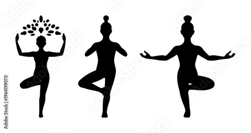 Solid black icon, white background: yoga tree pose silhouette set with simple line art design featuring simple design, minimalist, black and white with illustrations and graphics