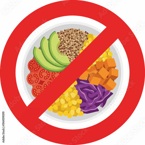 A striking graphic representation of a healthy food plate marked with a red prohibition sign, emphasizing the importance of balanced nutrition and discouraging unhealthy eating habits.