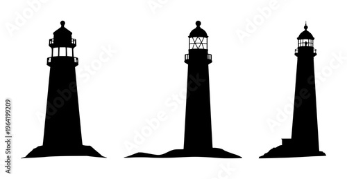 Solid black icon, white background: lighthouse icon set with simple line art design featuring simple design, minimalist, black and white with illustrations and graphics