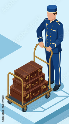 A bellhop stands proudly with a cart full of vintage brown suitcases, emphasizing hospitality and travel while dressed in a classic uniform at a stylish hotel.