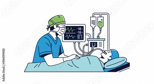 Surgeon monitors patient on life support with medical equipment