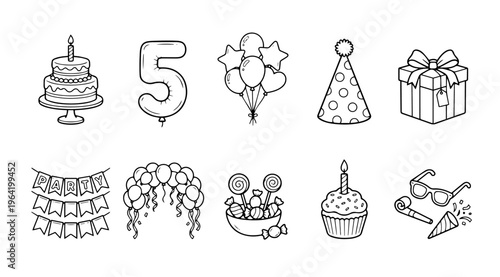 Birthday Party Line Art Clipart Set — 10 Celebration Doodle Icons 