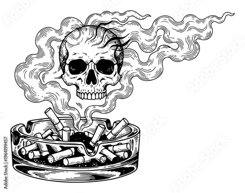 Human skull emerging from cigarette smoke in glass ashtray in engraving style