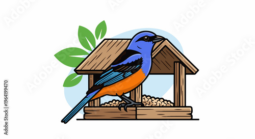 Vibrant blue and orange bird perched on a wooden feeder with seeds