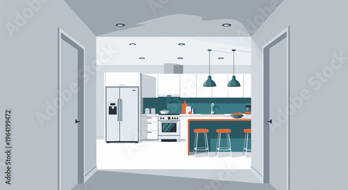 Modern kitchen interior with island, stools, fridge, stove, and cabinets