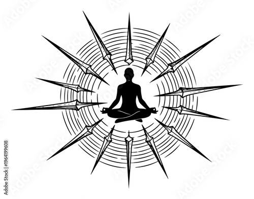 Meditating person silhouette inside a radiant sunburst with sharp rays in spiritual engraving style