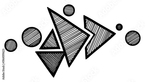 Abstract geometric arrangement with triangles and textured circles in minimalist hatching style
