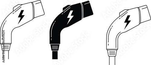 Electric car charging plug icons set, EV charger connector silhouettes and line art, energy power supply vector illustration isolated on white background