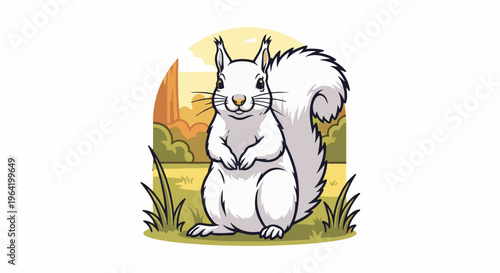 Whimsical white squirrel sits in a stylized park landscape with sun