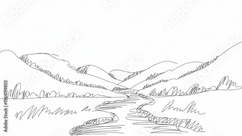 Hand-drawn sketch of a winding river flowing through rolling hills and sparse vegetation a simple landscape illustration for nature and travel concepts