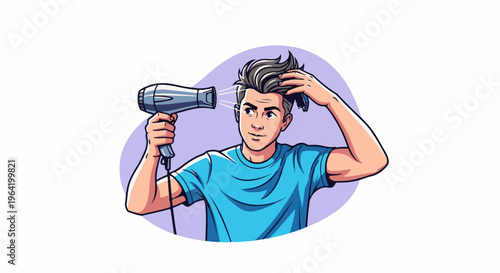 Young man in blue shirt styling hair with hairdryer and hand