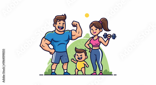 A cartoon family exercising together outdoors under a yellow sun