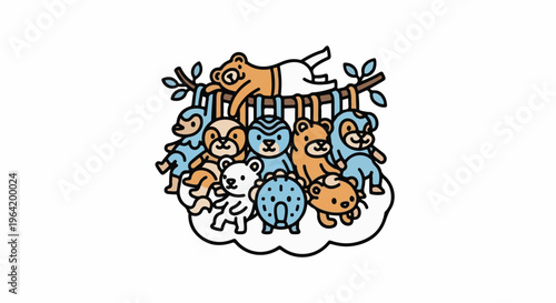 A delightful illustration of a troop of playful teddy bears on a tree branch